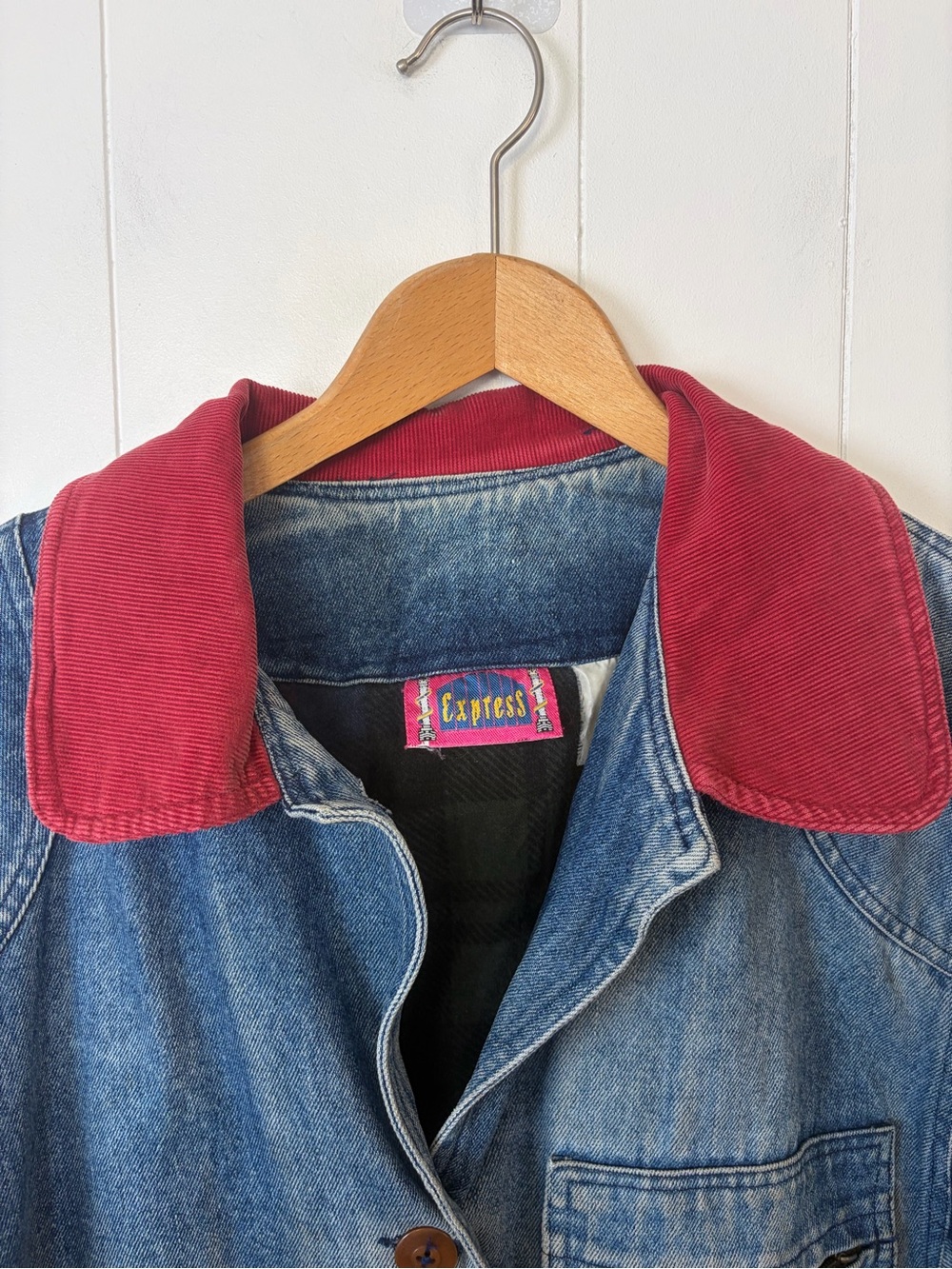 Vintage Denim Jean Chore Jacket Utility Coat Womens Large Blue Plaid fall grunge - Picture 5 of 16